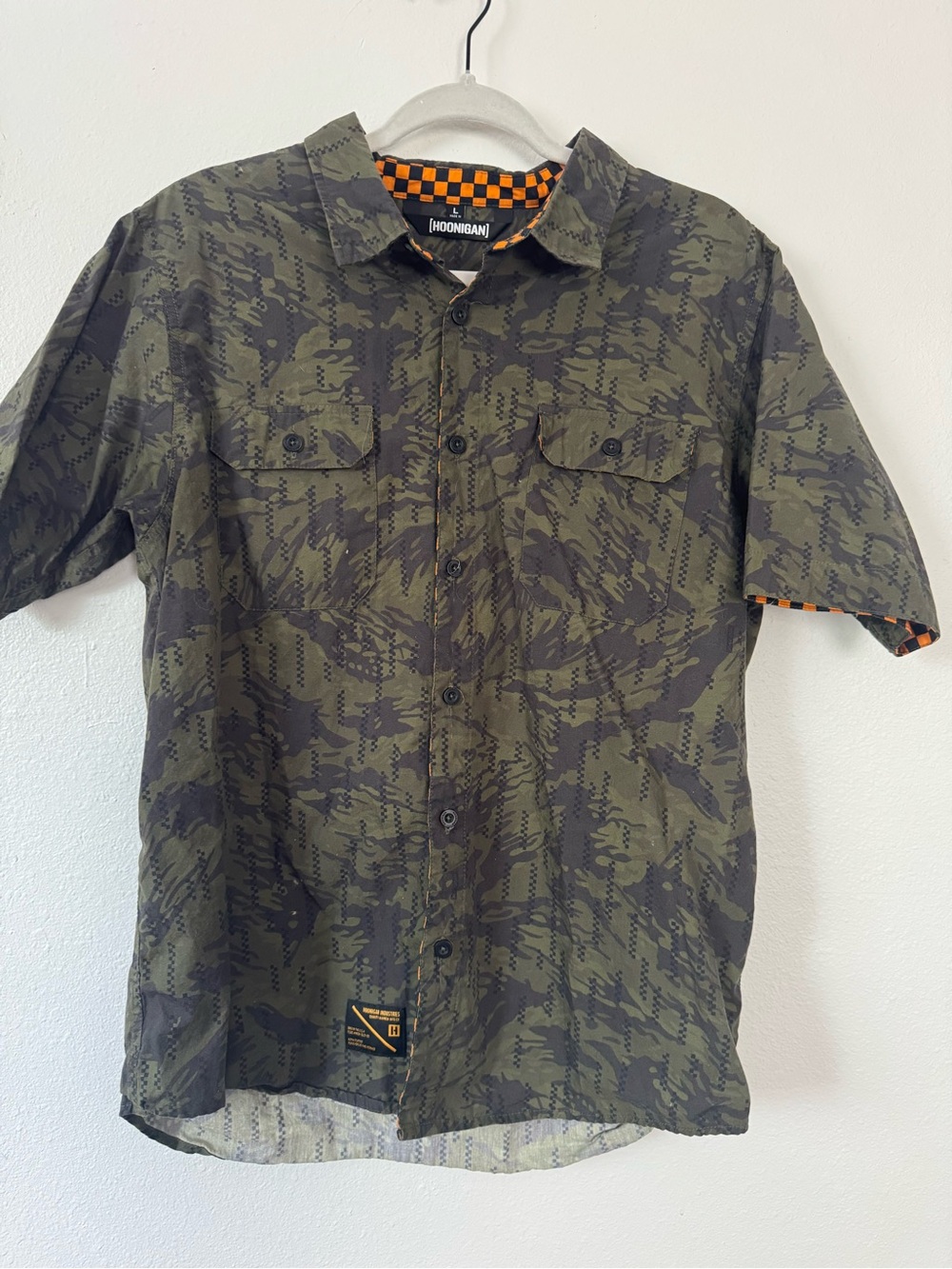 Hoonigan Men’s Olive Green Camouflage Short Sleeve Button-Down Shirt